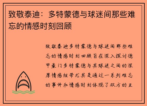 致敬泰迪：多特蒙德与球迷间那些难忘的情感时刻回顾