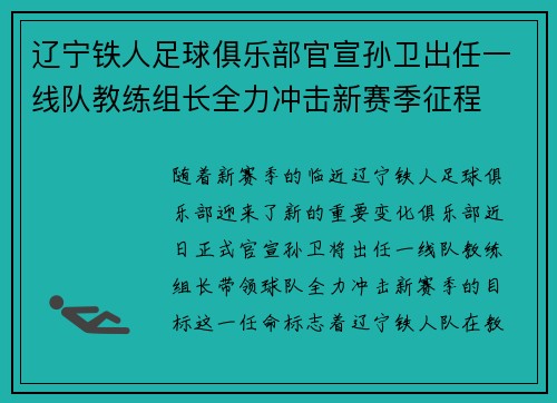 辽宁铁人足球俱乐部官宣孙卫出任一线队教练组长全力冲击新赛季征程 辽宁铁人足球俱乐部官宣孙卫出任一线队教练组长全力冲击新赛季征程